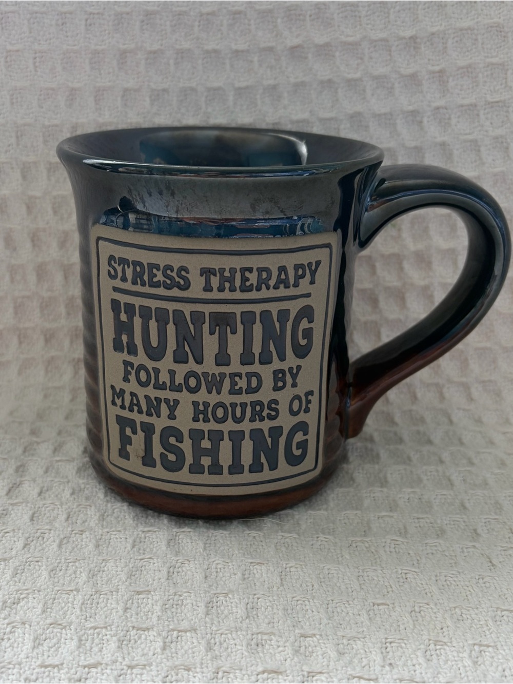 Burton + Burton Hunting & Fishing Stress Therapy Pottery Mug Brown/Blue Glaze